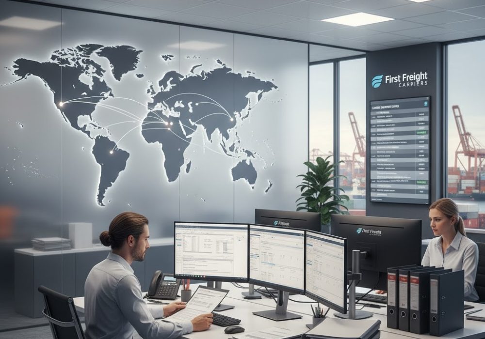 Two logistics professionals work in a modern office with multiple computer screens, a large glowing world map on the wall, and a view of a busy port with cranes and a "First Freight Carriers" logo visible in the background.