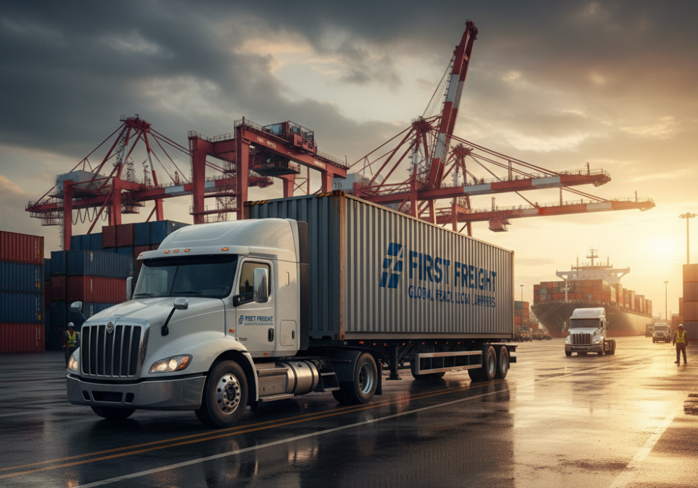 A white semi-truck with a First Freight Carriers container trailer drives through a busy port with large shipping cranes and stacked containers under a dramatic sky.