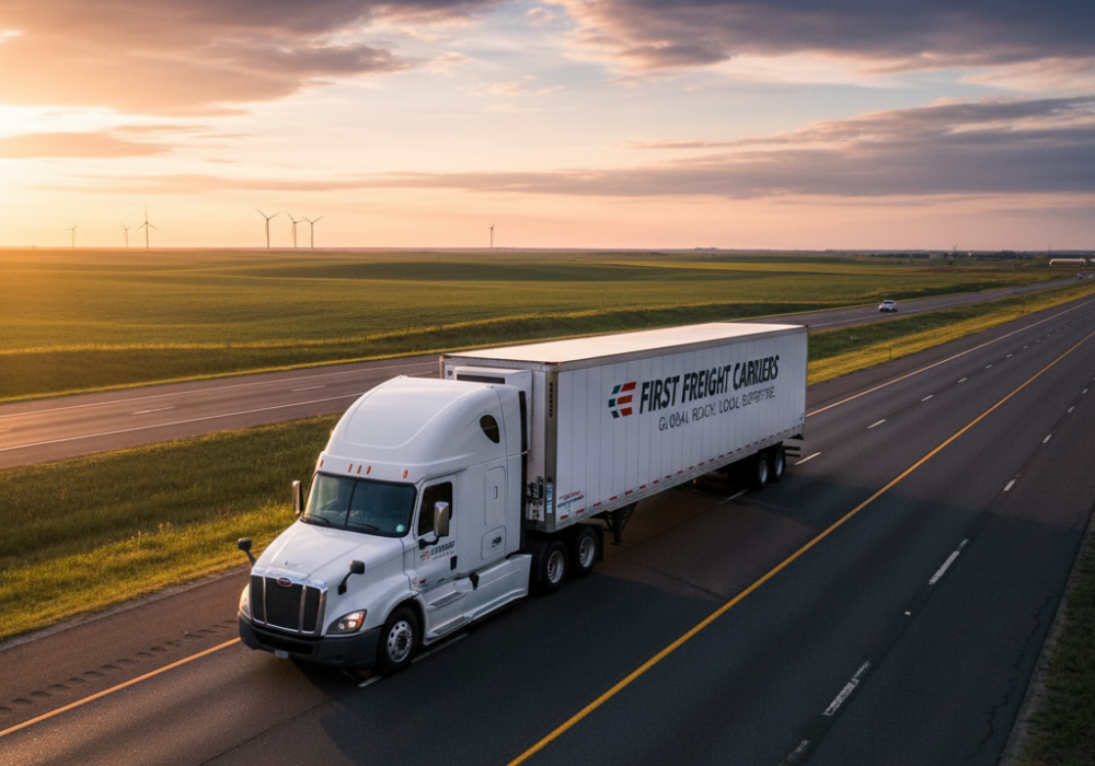 An aerial view of a white First Freight Carriers semi-truck and full trailer driving on a multi-lane highway through a vast rural landscape with fields and wind turbines under a sunset sky.