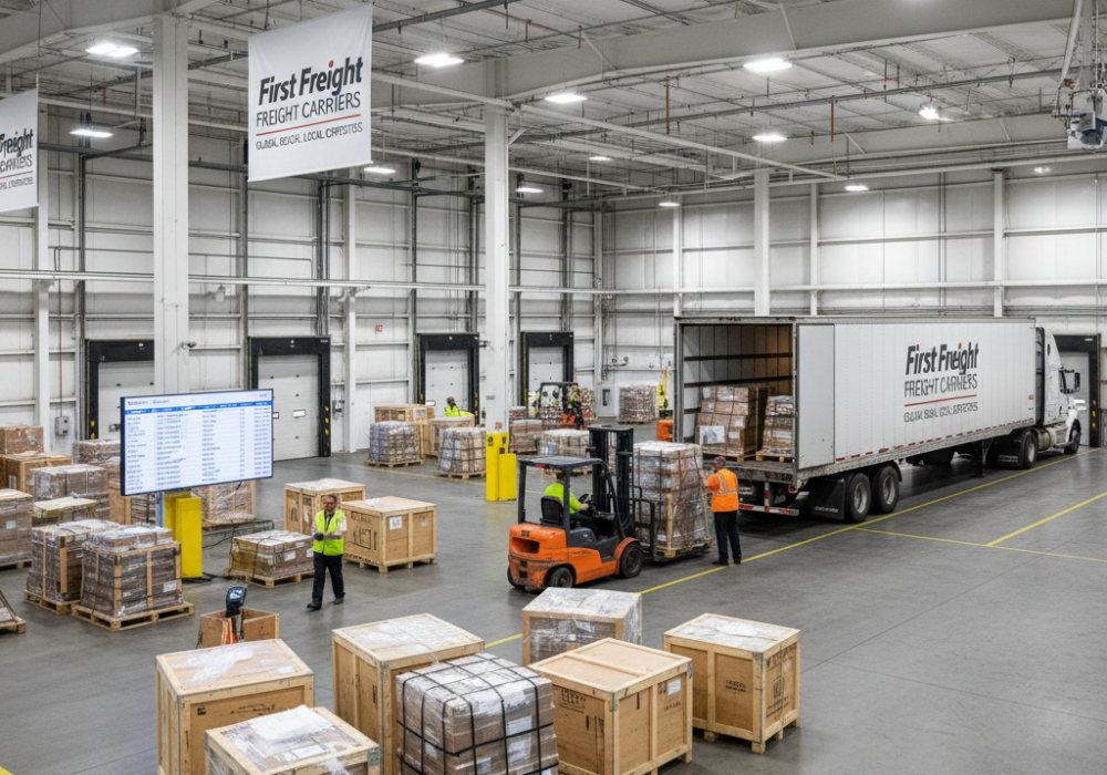A busy warehouse scene with a First Freight Carriers semi-truck backed into a loading dock, forklifts moving various pallets and crates, and workers organizing freight under a "First Freight Carriers" banner.