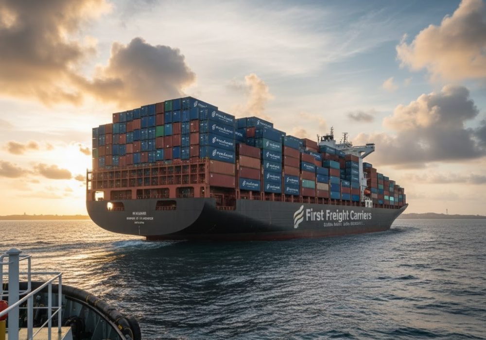 A massive cargo ship, branded "First Freight Carriers" and laden with colorful shipping containers, sails on open water at sunset, with the bow of a smaller vessel visible in the foreground.