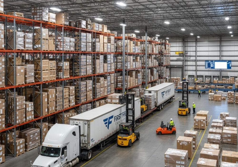 An overhead view of a large, bustling warehouse with a First Freight Carriers semi-truck backed into a loading area, surrounded by forklifts actively moving and organizing numerous pallets of goods stored on tall shelving units and on the floor.