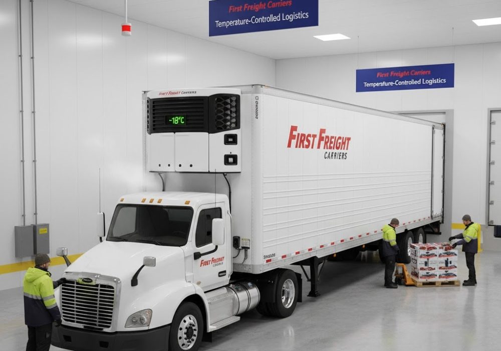 A white First Freight Carriers refrigerated (reefer) truck trailer is backed into a loading bay inside a temperature-controlled warehouse, with workers handling temperature-sensitive goods on pallets. The reefer unit displays -18°C.