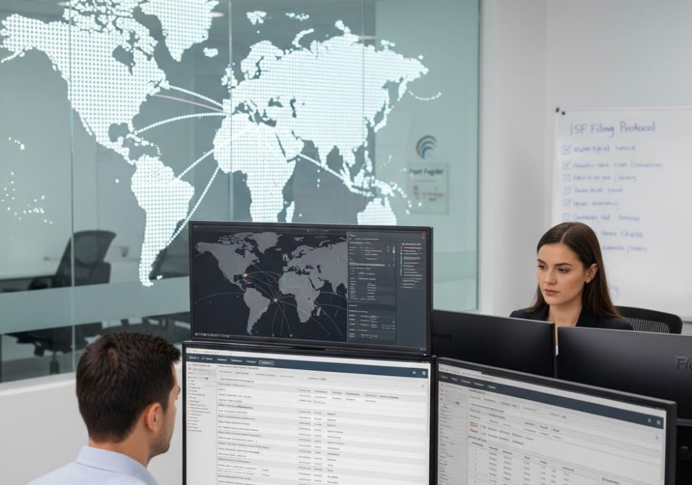 Two logistics professionals work on computers in a modern office, with multiple screens displaying global shipping data and a glowing world map on a glass wall, illustrating the complexity of international trade compliance.
