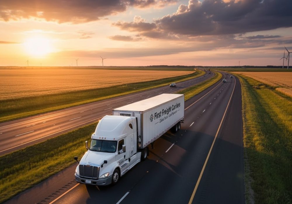 An aerial shot of a white First Freight Carriers semi-truck pulling a dry van trailer on a multi-lane highway, driving through golden fields with wind turbines in the distance, under a vibrant sunset sky.