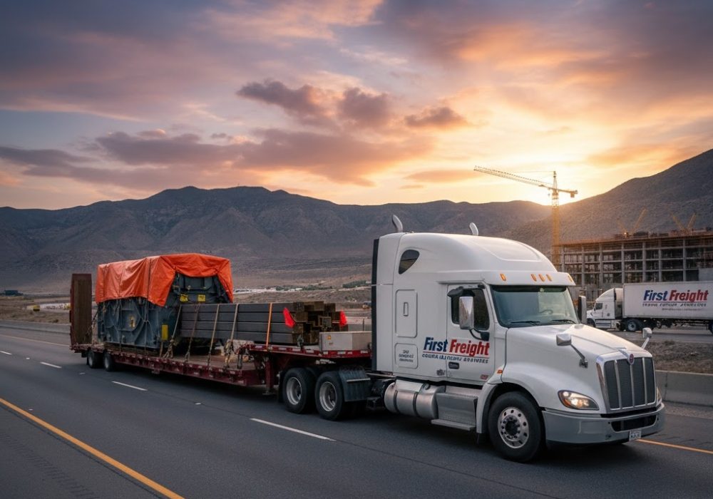 White First Freight Carriers semi-truck transports oversized machinery and materials on a flatbed trailer along a highway at sunset, with mountains and construction in the background. Title: First Freight Carriers - Heavy Haul Flatbed Shipping Services