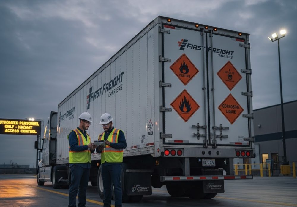 Two First Freight Carriers logistics experts review documents next to a semi-truck trailer clearly marked with HazMat placards, including "Corrosive Liquid" and "Flammable," at a secure facility.